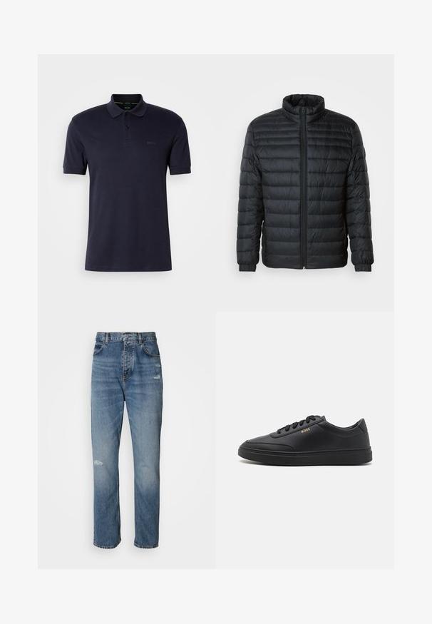 Sort quilted pufferjakke med høj krave, hel frontlynlås og elastiske manchetter på lange ærmer mod en ensfarvet baggrund.; Mørkeblå polo shirt med blød tekstur, to-knap åbning, korte ærmer og diskret logo på venstre bryst. Enkel og klassisk design.; Lyseblå denim jeans med lige ben-design, der har en knap- og lynlåslukning, fem lommer og slidte detaljer ved knæet.; Sorte lædersneakers med en glat overflade, rund tå, flad gummisål og tonede snørebånd. Udstyret med guld "BOSS" branding på siden.
