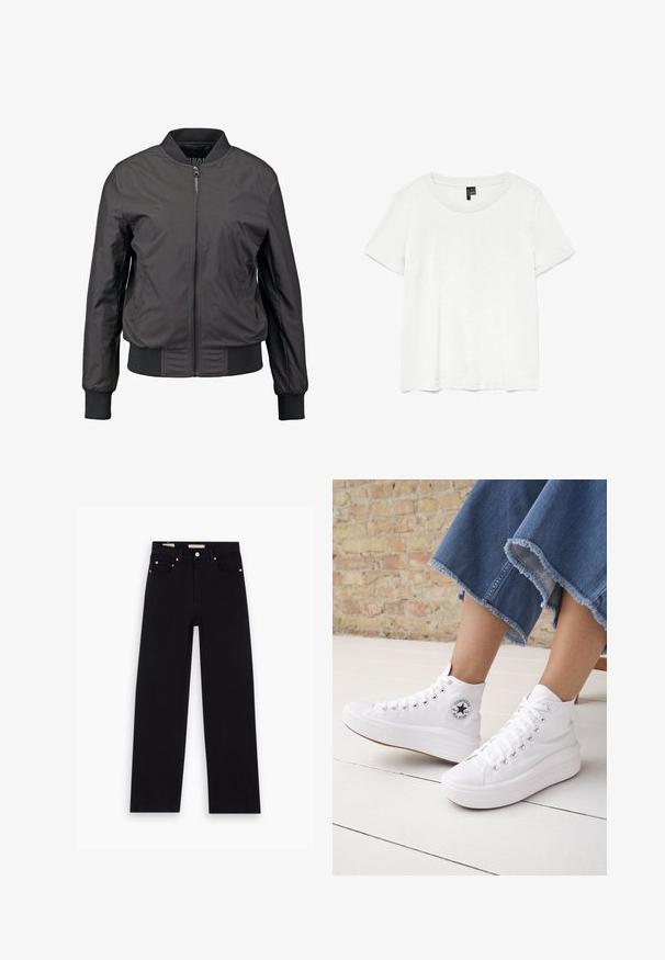 Veste bomber noire avec fermeture éclair à l'avant, poignets et ourlet côtelés, texture lisse et silhouette ajustée, dotée de poches latérales.; T-shirt blanc à manches courtes avec un col rond, fabriqué en tissu léger. Design simple, texture lisse et ourlet droit.; Jean en denim noir avec une coupe droite, cinq poches, matériel en cuivre et texture lisse. Deux étiquettes visibles sur la taille.; Personne portant des baskets Converse blanches montantes avec des semelles épaisses et un jean bleu court à ourlet effiloché, contre un mur en briques et un sol blanc.