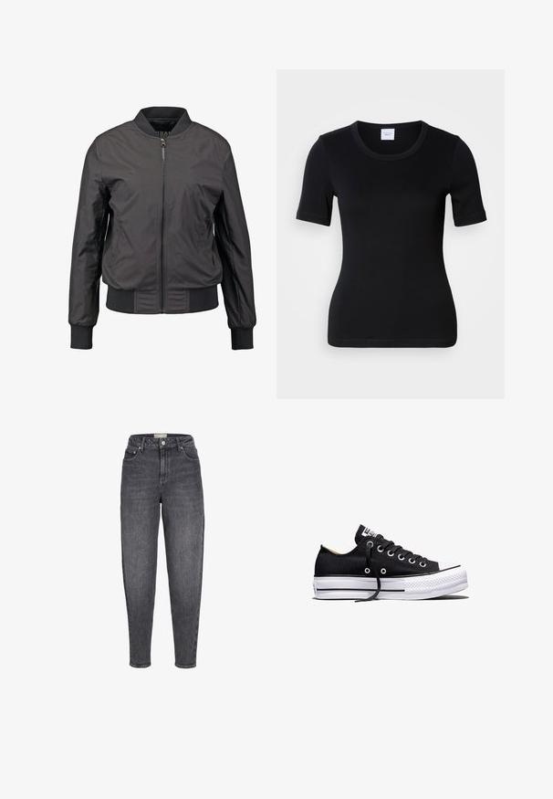 Chaqueta bomber negra con cierre delantero de cremallera, puños y dobladillo acanalados, textura suave y silueta ajustada, con bolsillos laterales.; Camiseta negra de manga corta hecha de algodón suave. Presenta un cuello redondo y un ajuste ceñido con detalles mínimos de costura.; Vaqueros de corte ajustado, de talle alto, lavados en negro, con bolsillos delanteros, trabillas para cinturón y cierre de botón.; Zapatilla deportiva negra de lona de corte bajo con suela plataforma de goma blanca, cordones negros y ojales de metal sobre fondo blanco.
