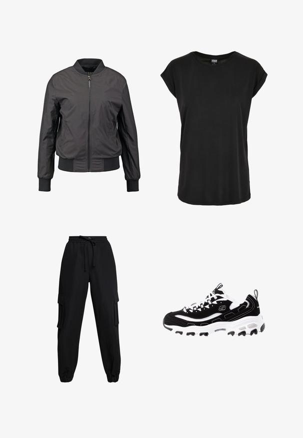 Chaqueta bomber negra con cierre delantero de cremallera, puños y dobladillo acanalados, textura suave y silueta ajustada, con bolsillos laterales.; Camiseta negra de manga corta hecha de tela suave. Cuello redondo y ajuste relajado con mangas enrolladas. Color sólido y simple, sin patrones.; Pantalones cargo negros hechos de una tela ligera, con cinturilla elástica, cordón y bolsillos laterales. Los dobladillos en los tobillos completan el diseño.; Zapatilla deportiva en blanco y negro con parte superior de ante, cuello acolchado y suela ligera. Presenta un logotipo prominente y detalles de costura en contraste.