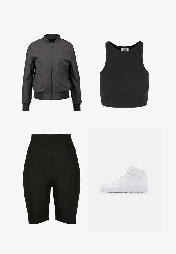 Sort bomberjakke med lynlås foran, ribbede manchetter og nederkant, glat tekstur og en tætsiddende silhuet, med sidelommer.; Sort ribbet crop top med ærmeløst design. Har en rund halsudskæring og en glat tekstur. Etiketten er synlig indeni halsudskæringen.; Sorte højtaljede cykelshorts lavet af strækstof, med en glat overflade og syet kant, designet til komfort og bevægelsesfrihed.; Hvide høj-top sneakers lavet af læder med polstret krave, perforeret tå, snørebånd og justerbar ankelrem; logo på siden.