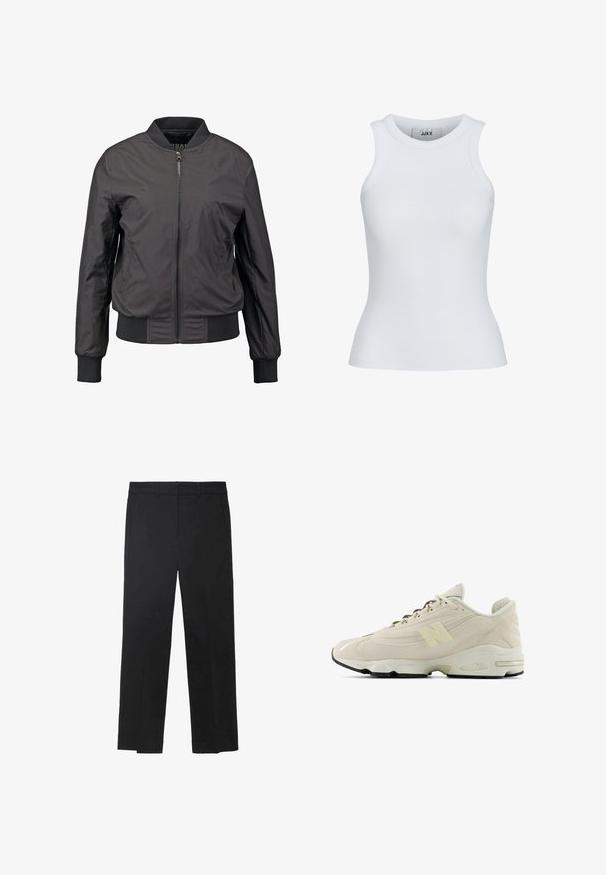 Schwarze Bomberjacke mit Reißverschluss vorne, gerippten Bündchen und Saum, glatter Textur und figurnahem Schnitt, mit seitlichen Taschen.; Weißes, geripptes Tanktop mit runder Ausschnittform und ärmellosem Design. Hat eine Slim-Fit-Passform und eine weiche Textur, ideal zum Lagenlook.; Schwarze Hose aus glattem Stoff, mit geradem Bein, Gürtelschlaufen und zwei Vorder Taschen. Maßgeschneidertes Design mit klaren Linien.; Beiger Sportschuh aus Wildleder und Mesh mit strukturiertem Design, schwarzer Gummisohle und einem auffälligen "N"-Logo an der Seite.