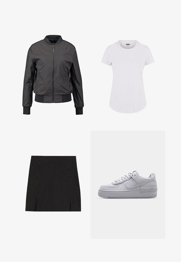 Veste bomber noire avec fermeture éclair à l'avant, poignets et ourlet côtelés, texture lisse et silhouette ajustée, dotée de poches latérales.; T-shirt blanc à manches courtes avec un col rond, fabriqué en tissu doux. Présente un ourlet légèrement incurvé et un design minimaliste.; Jupe noire avec des rayures verticales blanches, présentant un design droit et de petites fentes sur les côtés à l'ourlet. Texture lisse, coupe ajustée.; Basket en cuir lisse gris Nike Air Force 1 avec un bout perforé, une semelle épaisse et un détail 'AIR' en relief sur le talon.