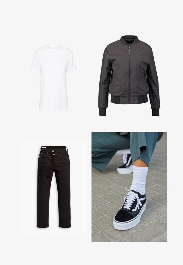 Schwarze Bomberjacke mit Reißverschluss vorne, gerippten Bündchen und Saum, glatter Textur und figurnahem Schnitt, mit seitlichen Taschen.; Weißes Baumwoll-T-Shirt mit kurzen Ärmeln, Rundhalsausschnitt und legerem Schnitt, mit glatter Textur und ohne sichtbare Muster.; Schwarze Straight-Leg-Jeans mit Knopfverschluss, Vorder- und Gesäßtaschen sowie Kupfennieten auf einem weißen Hintergrund.; Schwarze Wildledersneaker mit weißen Akzenten und Schnürsenkeln, ausgestattet mit einer dicken weißen Sohle und kontrastierenden Nähten, kombiniert mit einer weißen Socke.