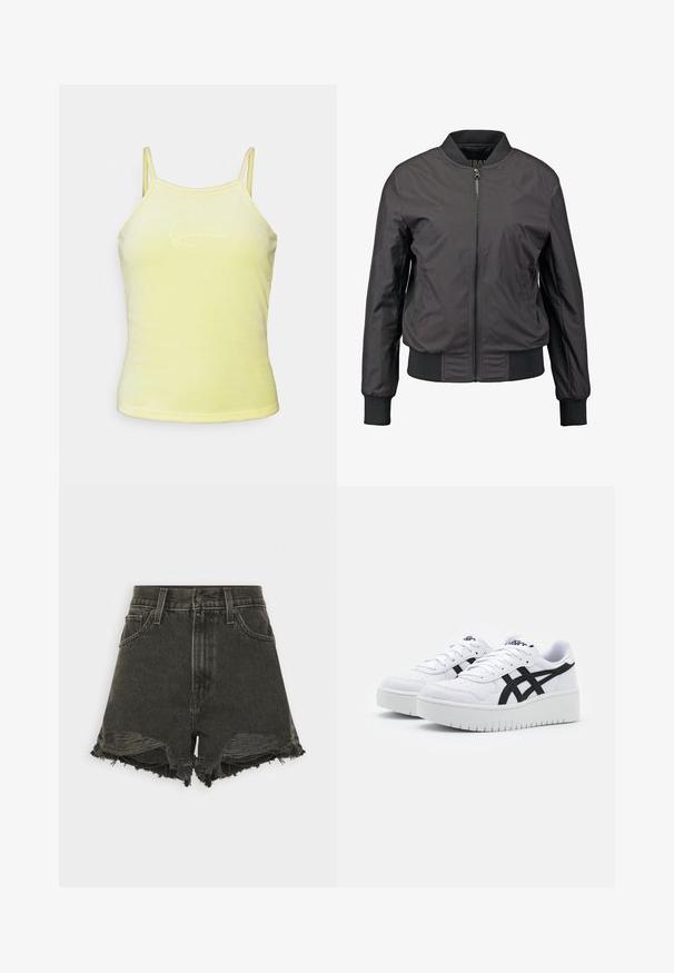 Veste bomber noire avec fermeture éclair à l'avant, poignets et ourlet côtelés, texture lisse et silhouette ajustée, dotée de poches latérales.; Débardeur jaune sans manches avec une texture douce, présentant des bretelles fines et un design brodé subtil sur le devant.; Shorts en denim noir avec des ourlets effilochés, taille haute, cinq poches et une fermeture à boutons. La texture abîmée ajoute de l'intérêt visuel.; Baskets blanches avec une surface texturée, des rayures latérales noires et une semelle blanche épaisse. Présente un design à lacets et un logo sur la languette.