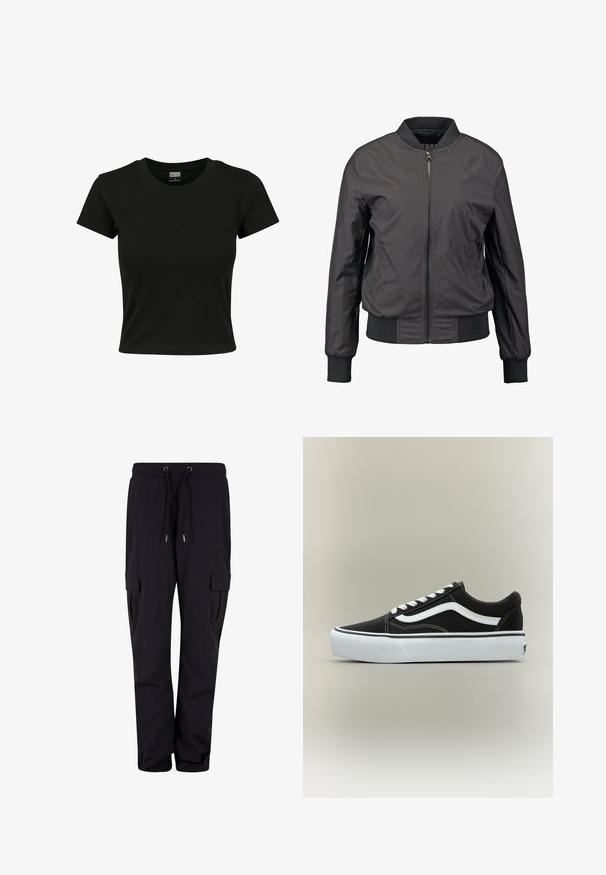 Chaqueta bomber negra con cierre delantero de cremallera, puños y dobladillo acanalados, textura suave y silueta ajustada, con bolsillos laterales.; Camiseta negra de manga corta fabricada en algodón suave, con un cuello redondo y un corte ajustado. Sin patrones ni acentos visibles.; Pantalones cargo negros de tejido suave, con cintura elástica y cordones, y bolsillos laterales. Diseño de pierna recta.; Zapatilla deportiva negra de corte bajo con raya lateral blanca, cordones blancos, suela de goma blanca y puntera texturizada sobre fondo neutro.