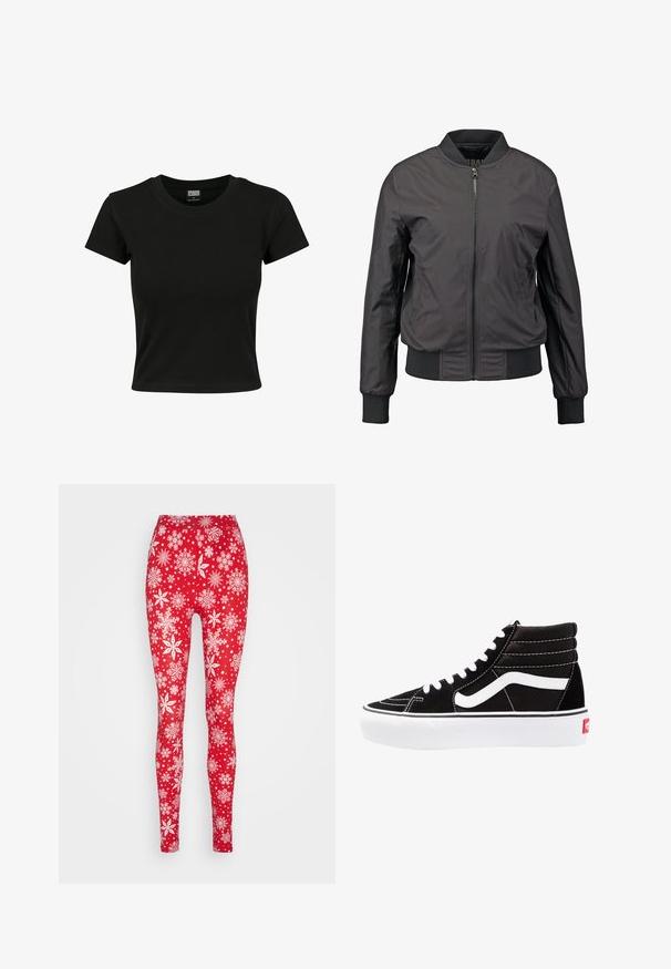Zwarte bomberjack met een ritssluiting aan de voorkant, ribgebreide manchetten en zoom, een gladde textuur en een fitted silhouet, met zijzakken.; Zwarte kortekorte mouw t-shirt van gladde katoenen stof, met een ronde halslijn en een getailleerde pasvorm. Geen zichtbare patronen of accenten.; ONLY ONLXMAS ELFI - Legging - urban red; Zwarte high-top sneakers met witte veters, een wit logo en contrasterende witte stiksels. Heeft een dikke witte zool en een bovenwerk van gestructureerd suede.