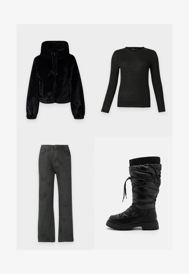 Sort cropped faux fur-jakke med hætte, frontlynlås, snoretræk og elastiske manchetter og kant.; Sort langærmet crew neck tætsiddende sweater med glat tekstur, præsenteret på en ensfarvet lys grå baggrund.; Sorte brede jeans med falmede blomster-, hjerte- og sommerfuglemønstre, frontknaplukning og fem lomme-design.; Sorte knæhøje støvler med en kviltet tekstur, der har snørebåndsdesign, kontrasterende ribbet topkant og en tyk, robust sål.