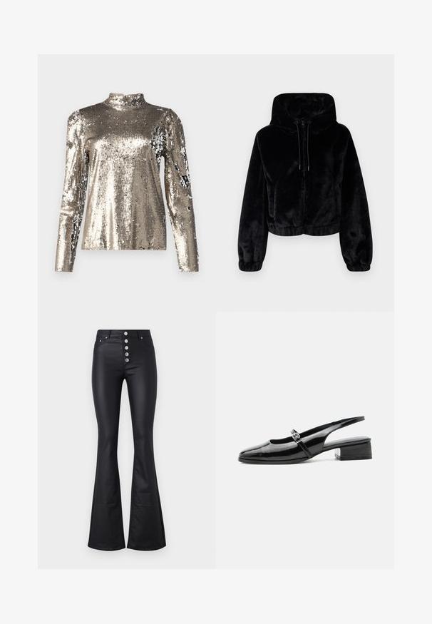 Veste en fausse fourrure noire courte avec capuche, fermeture éclair à l'avant, cordons de serrage et poignets et ourlet élastiques.; Haut à manches longues et col haut recouvert de sequins argentés. Présente une texture lisse avec une silhouette ajustée et des détails de conception à épaules bouffantes.; Pantalons noirs évasés en matériau lisse et extensible avec une taille haute et cinq boutons métalliques à l'avant. Comprend deux poches latérales.; Chaussure slingback en cuir verni noir avec un petit talon bloc et une fine bride avec une boucle argentée sur le dessus.