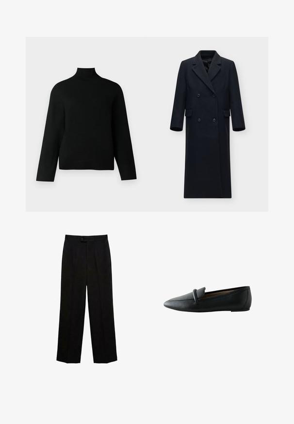 Lang sort dobbeltradet frakke med brede revers, to klaplommer og ærmer i fuld længde på en ensfarvet lys baggrund.; Sort turtleneck trøje lavet af blødt strikstof, der har lange ærmer og en afslappet pasform. Glat tekstur uden synlige mønstre eller accenter.; Sorte bukser med lige ben, knaplukning og frontfolder, designet til formelt eller kontorbrug.; Sort læder flad loafer med rundet tå og remdetalje over overdelen, vist fra siden.