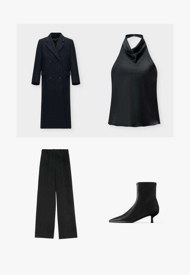 Long manteau noir croisé avec de larges revers, deux poches à rabat et des manches longues sur un fond clair uni.; Haut noir sans manches en satin avec un col drapé et une fermeture à clip à l'arrière du cou.; Pantalons larges noirs à taille haute, avec deux plis à l'avant, des passants de ceinture et une texture lisse. Sans poches ni matériel visible.; Bottine noire à bout pointu avec un petit talon kitten et une finition en cuir lisse, présentée en profil sur fond blanc.
