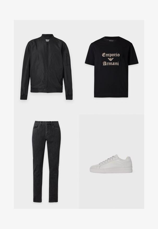 Sort bomberjakke med frontlynlås, ribbet krave og manchetter, to frontlommer med tryklås og en lynlåslomme på venstre ærme.; Sort T-shirt med korte ærmer med beige "Emporio Armani" tekst og ørn logo broderet på midten foran.; Sorte jeans med slim fit, fem lommer, bæltestropper og synlige syninger, vist forfra på en ensfarvet baggrund.; Lys grå lædersneaker med en glat tekstur, afrundet tå, flad gummisål og tonede snørebånd. Har minimal branding i guld.