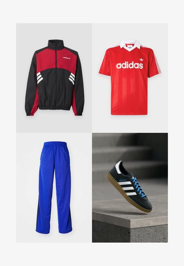 Sort og rød Adidas træningsjakke med fuld lynlås foran, opretstående krave, elastiske manchetter og hvidt tre-stribet logo på bryst og sider.; Rød Adidas sportstrøje med hvid krave, tre hvide striber på ærmerne og Adidas-logo centreret på brystet.; Blå sportsbukser med elastisk talje, med sidelister i sort, løstsiddende pasform og glat tekstur.; Sort Adidas sneaker med hvide striber, blå snørebånd og gummisål, der svæver over gråt betontrin i blødt lys.