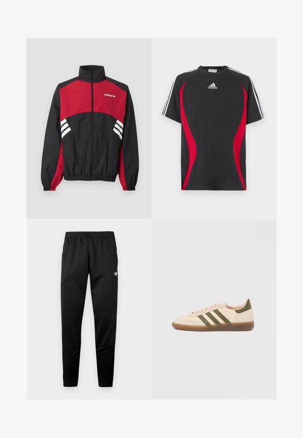 Black and red Adidas track jacket with full front zipper, stand-up collar, elastic cuffs, and white three-stripe logo on chest and sides.; Black short-sleeve T-shirt with red side accents, white Adidas logo on chest, and white shoulder stripes. Made from a smooth fabric.; Black athletic pants with an elastic waistband, tapered legs, and white logo accents on the front. Smooth, lightweight fabric.; Low-profile beige Adidas Spezial sneaker with green stripes, gum sole, and "SPEZIAL" branding on side, shown from the outer side.