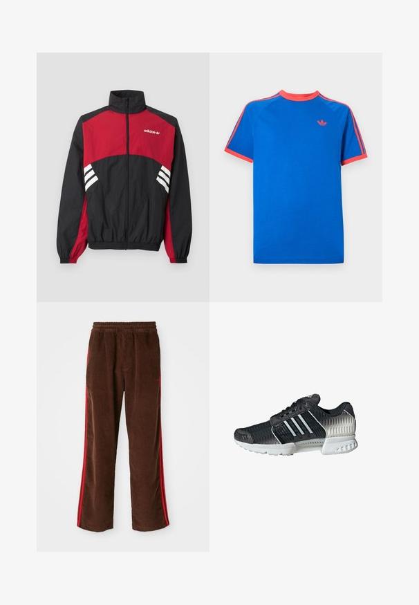 Schwarze und rote Adidas Trainingsjacke mit durchgehendem Frontreißverschluss, Stehkragen, elastischen Bündchen und weißem Drei-Streifen-Logo auf Brust und Seiten.; Blaues Baumwoll-T-Shirt mit einfarbigem blauem Körper, Raglanärmeln, korallenfarbenem Halsausschnitt und korallenfarbenen Streifen sowie kleinem Logo auf der Brust.; Braune Cordhosen mit elastischem Bund, featuring rote Seitestreifen und geraden Beinen. Texturiertes Gewebe mit subtilen Rippdetails.; Schwarzer und grauer Sportschuh mit weißer Sohle, Mesh-Obermaterial, seitlichen Streifen und Schnürverschluss, von der Außenseite vor weißem Hintergrund dargestellt.