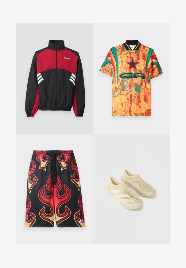 Μαύρο και κόκκινο μπουφάν Adidas με ολόκληρο μπροστινό φερμουάρ, ψηλό γιακά, ελαστικά μανσέτες και λευκό λογότυπο με τρεις λωρίδες στο στήθος και στις πλευρές.; Κοντομάνικο πουκάμισο με μαύρο γιακά, διακοσμημένο με φωτεινό πορτοκαλί και πράσινο φύλλωμα, κόκκινες λεπτομέρειες, και ένα μεγάλο λογότυπο στο μπροστινό μέρος.; Μαύρα σορτς από δίχτυ με κόκκινα, πορτοκαλί και κίτρινα φλόγινα σχέδια και μικρό λευκό λογότυπο κοντά στο κάτω μέρος του δεξιού ποδιού.; Ζευγάρι μπεζ παπούτσια slip-on με πλέγμα, δίχτυ δομή και τρεις λεπτομέρειες με ρίγες σε απλό ανοιχτό γκρι φόντο.