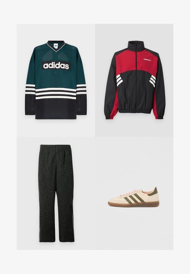 Μαύρο και κόκκινο μπουφάν Adidas με ολόκληρο μπροστινό φερμουάρ, ψηλό γιακά, ελαστικά μανσέτες και λευκό λογότυπο με τρεις λωρίδες στο στήθος και στις πλευρές.; Πράσινη και μαύρη φανέλα Adidas με V-λαιμόκοψη, μακριά μανίκια, υφή από δίχτυ και έντονο λευκό λογότυπο στο στήθος με ριγέ λεπτομέρειες.; Μαύροι υφασμάτινοι παντελόνες από φλίς με ελαστική μέση και ίσια μπατζάκια, παρουσιασμένοι σε λευκό φόντο.; Χαμηλού προφίλ μπεζ αθλητικό παπούτσι Adidas Spezial με πράσινες ρίγες, σόλα από καουτσούκ και την επωνυμία "SPEZIAL" στην πλευρά, εμφανίζεται από την εξωτερική πλευρά.
