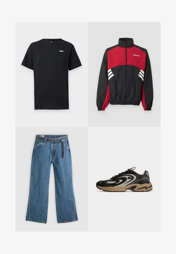 Μαύρο και κόκκινο μπουφάν Adidas με ολόκληρο μπροστινό φερμουάρ, ψηλό γιακά, ελαστικά μανσέτες και λευκό λογότυπο με τρεις λωρίδες στο στήθος και στις πλευρές.; Μαύρο κοντομάνικο T-shirt με μικρό λευκό λογότυπο "CONS" στο πάνω αριστερό μέρος του στήθους, απλή μπροστινή όψη και στρογγυλή λαιμόκοψη.; Μπλε τζιν παντελόνι wide-leg με ενσωματωμένη ζώνη, εμπρόσθιες τσέπες και ορατή ραφή σε απλή ανοιχτόχρωμη φόντο.; Μαύρο και μπεζ αθλητικό παπούτσι με κυματιστά σχέδια, κορδόνια και χοντρή σόλα σε απλό ανοιχτό φόντο.