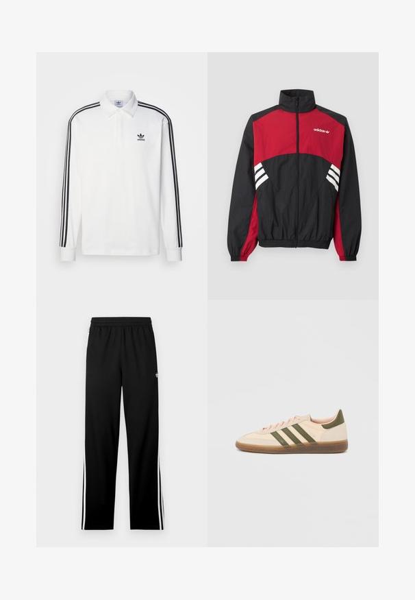 Mustast ja punasest Adidas jooksujakk täispika eesrihma, püstkrae, elastsete mansettide ja valge kolme triibuga logoga rinnal ja külgedel.; Valge pika varrukaga polo särk, millel on klassikaline krae, mustad kolm riba aktsendid varrukatel ja väike must logo rinnal.; Mustad spordipüksid võrgukangast, sirge lõikega, elastse vöökohaga ja valgete küljeribadega. Spordilogo on nähtav.; Madalprofiilne beež Adidas Spezial toss rohelist värvi triipude, kummist tallaga ja "SPEZIAL" brändinguga küljel, nähtav välisküljelt.