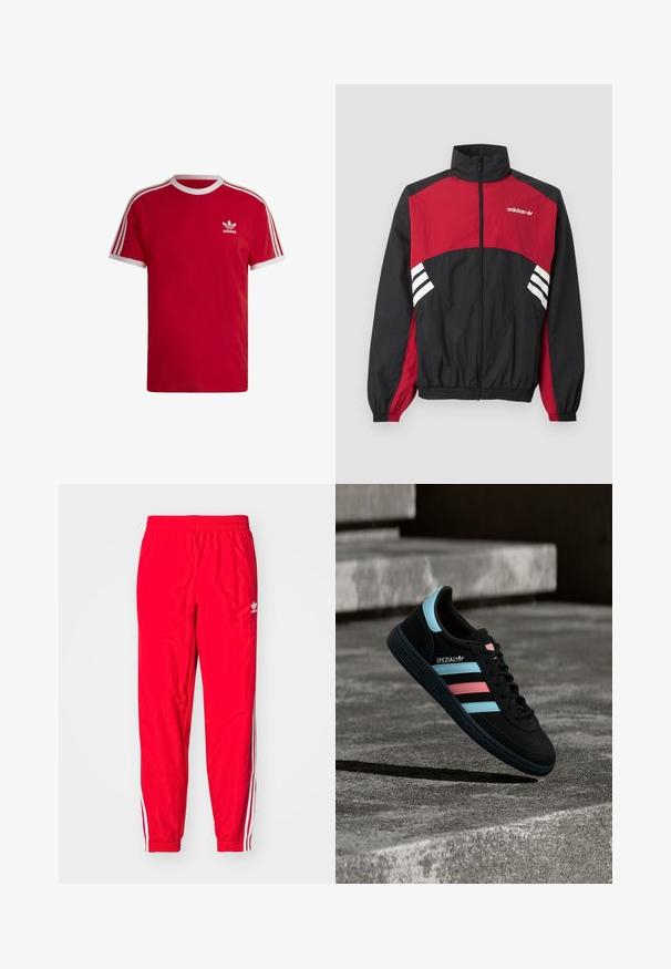 Mustast ja punasest Adidas jooksujakk täispika eesrihma, püstkrae, elastsete mansettide ja valge kolme triibuga logoga rinnal ja külgedel.; Punane puuvillane T-särk valge ribaga kõrgkaelusega, millel on kolme valge triibu muster varrukatel ja väike valge logo rinnal.; Punased sportlikud püksid elastse vöökohtaga, külgedel valged triibulised aksendid ja vasakul reiel väike valge logo.; Must Adidas Spezial toss siniste ja roosade triipudega, hõljumas tekstuurse halli betoonpinna kohal, all varjuga.