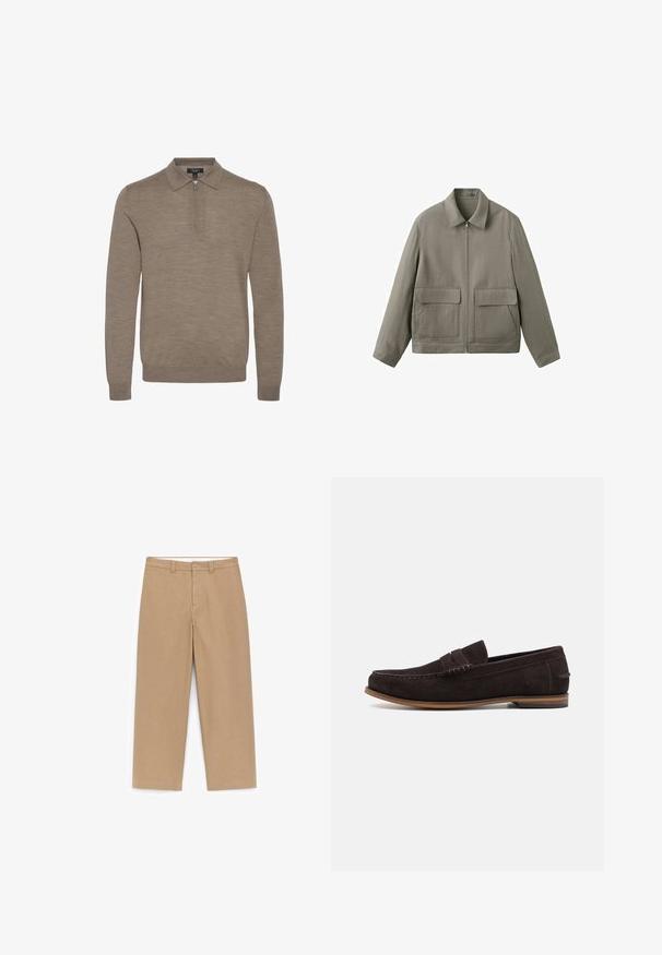 Lysebrun lynlåstrøje med spids krave og to store frontlommer med klap på hvid baggrund.; Lysebrunt pullover med lynlåskrave, lange ærmer og en blød struktur, lavet af fint strikket materiale.; Beige bukser med vide ben, glat tekstur, talje i midten, bæltestropper og to forlommer. Rene syningsdetaljer uden mønstre.; Mørkebrun ruskinds loafers med rund tå, tekstureret overflade og lys brun gummisål. Har en dekorativ rem over vorderen.