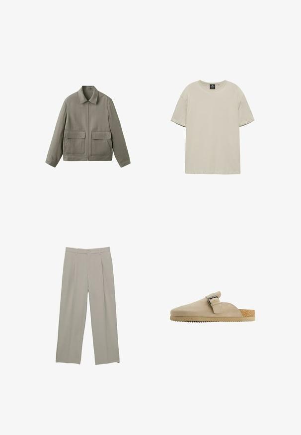Lichtbruine jas met ritssluiting, een puntige kraag en twee grote voorzakken met klep, op een witte achtergrond.; Beige T-shirt met korte mouwen, ronde hals, rechte zoom en zichtbaar zwart label aan de binnenkant van de hals.; Lichtgrijze wijde broek met een gladde textuur, voorzien van plooien aan de voorkant, een knoopsluiting en zijzakken.; Beige suède klomp met een gebogen vorm, verstelbare metalen gesp en een getextureerde kurken voetbed. De buitenzool heeft een getande rand voor grip.