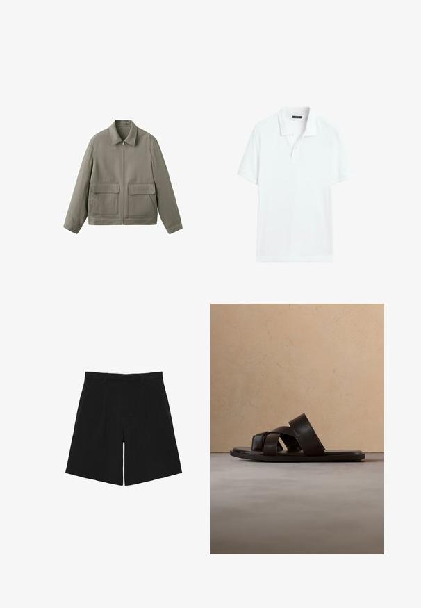Lysebrun lynlåstrøje med spids krave og to store frontlommer med klap på hvid baggrund.; Hvid polo-shirt med korte ærmer, krave og to-knappet åbning, vist på en ensartet baggrund.; Sorte skræddersyede shorts med bæltestropper, forreste læg og sidelommer, lagt fladt på en hvid baggrund.; Sort lædersandal med tre krydsede stropper, flad sål og glat tekstur, hængende over et vævet naturskinds tæppe.