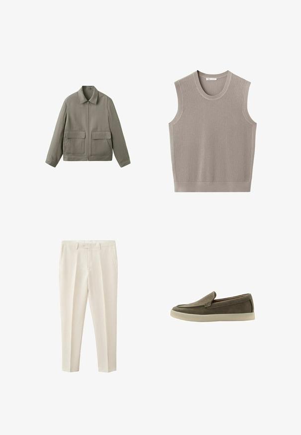 Veste zippée marron clair avec col pointu et deux grandes poches à rabat sur le devant, sur fond blanc.; Gilet sans manches en tricot beige clair avec un col rond et un motif ajouré texturé.; Pantalon beige sur mesure avec poches latérales, passants de ceinture, fermeture par bouton et pli frontal courant sur chaque jambe.; Mocassin à enfiler en daim marron avec semelle en caoutchouc beige, bout arrondi et petit talon, présenté de profil sur fond blanc.