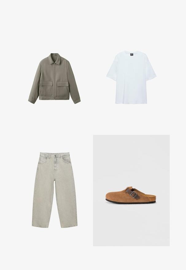 Lysebrun lynlåstrøje med spids krave og to store frontlommer med klap på hvid baggrund.; Hvid, oversized T-shirt med korte ærmer og rund halsudskæring, med en sort etiket inde i kraven på en hvid baggrund.; Lysegrå vidde jeans i denim med forlommer, bæltestropper og knaplukning, vist fladt på en hvid baggrund.; Brune ruskindsklogs med en justerbar brun læderrem og sølv spænde, der har en formet korkfodbed og en tekstureret gummi sål.
