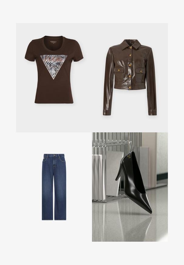 Veste courte en similicuir marron avec col, boutons-pression dorés, deux poches avant et manches longues. Texture lisse et brillante.; T-shirt ajusté à manches courtes marron foncé avec logo triangulaire Guess argent métallique présentant des rayures de zèbre et un texte sur le devant.; Jean en denim bleu foncé à jambes larges avec poches avant, passants de ceinture et fermeture par bouton à la taille sur fond blanc.; Chaussure noire à talon haut avec bout pointu et logo doré, posée sur une surface réfléchissante près d'un organiseur de dossiers en fil chromé contenant des documents.