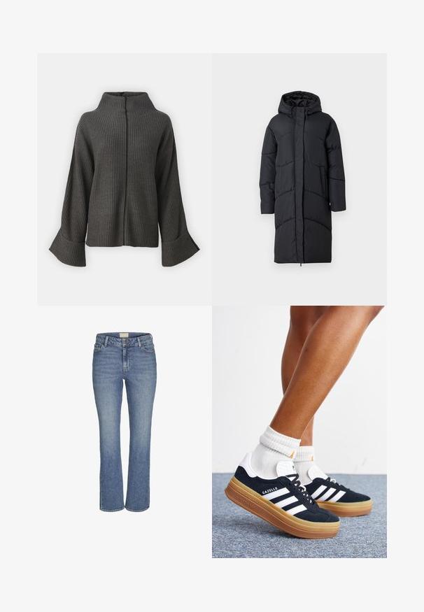 Zwarte gewatteerde jas met een capuchon, voorzien van een ritssluiting aan de voorkant, zijzakken en een doorgestikt ontwerp voor isolatie. Lange mouwen en knie-lengte.; VILA VIVIGGA CONTRAST - Trui - dark grey/black; Mid-blauwe rechte denim jeans met een sluiting van knoop en rits aan de voorkant, riemlussen en voor- en achterzakken.; Ben met witte sokken en zwarte Adidas Gazelle sneakers met witte strepen en dikke bruine zolen op een grijs tapijt.