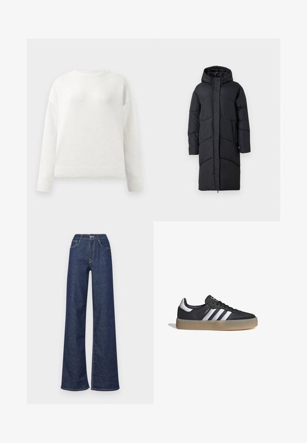 Abrigo acolchado negro con capucha, que cuenta con una cremallera frontal, bolsillos laterales y un diseño acolchado para aislamiento. Mangas largas y hasta la rodilla.; Suéter blanco de cuello redondo y mangas largas con puños y dobladillo acanalados, que presenta una textura suave y ligeramente esponjosa.; Jeans de mezclilla de pierna ancha en azul oscuro, con una cintura alta, bolsillos frontales, costuras visibles y un acabado limpio en los dobladillos.; Zapatilla deportiva de cuero negro con tres rayas plateadas, punta texturizada y suela de goma. Cuenta con un collar acolchado y un diseño con cordones.