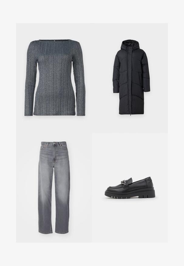 Mustat pehmeät toppatakki, jossa on huppu, edessä vetoketju, sivutaskut ja vuorattuja kuvioita eristykselle. Pitkät hihat ja polvenmittainen pituus.; Pitkähihainen, slim fit -paita tummansinisellä värillä, jossa on pystysuuntainen ribbitekstuurisuus ja hienovaraiset metallilangat. Neliömäinen kaula-aukko. Pehmeä, joustava kangas.; Weekday RAIL MID LOOSE STRAIGHT - Straight leg -farkut - misty grey; Musta loafer-tyylinen kenkä, jossa on paksu pohja, sileä nahkapinta, koristeellinen ketjua korostava yksityiskohta ja hieman nouseva kanta, jossa on uurteellinen yksityiskohta.