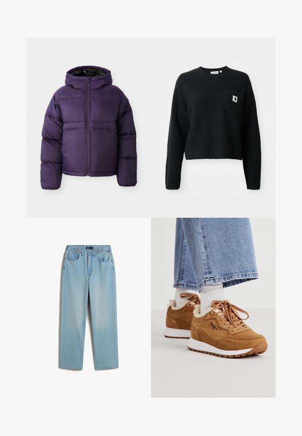 Lilla pufferjakke med hætte, der har lynlås foran, elastiske manchetter og en glat, slidstærk tekstur. Letvægtsdesign for varme.; Sort ribbenstrikket sweater med rund hals, lange ærmer og en frontlomme med et lille logo patch. Forkortet længde.; Vans CINCHED CHECK - Baggy jeans - light stonewash; Brune ruskinds sneakers med hvide såler, pelsforing og brune snørebånd. Har perforerede detaljer og et sort logo på siden.