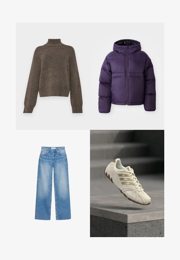 Fialová pufáková bunda s kapucňou, so zapínaním na zips, elastickými manžetami a elegantnou, hladkou textúrou. Ľahký dizajn pre pohodlie a teplo.; Hnedý pletený sveter s vysokým golierom a voľným strihom. Má dlhé rukávy a mäkkú, textúrovanú látku.; Svetlomodré džíny s širokými nohavicami z denimu, s vysokým pásom, jemným vyblednutím a klasickým dizajnom s piatimi vreckami s medenými kovovými detailmi.; Biele a zlaté tenisky Adidas s vrchnou sieťovinou a textúrovanou podrážkou vznášajúce sa nad betónovou platformou s rozmazaným schodiskom v pozadí.