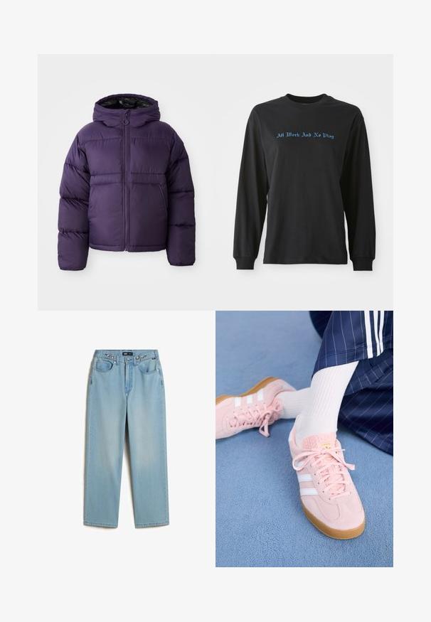 Lila Steppjacke mit Kapuze, ausgestattet mit einem Reißverschluss vorne, elastischen Bündchen und einer eleganten, glatten Oberfläche. Leichtes Design für Wärme.; Schwarzes Langarm-T-Shirt aus Baumwolle mit blauem Text "All Work And No Play" in einer dekorativen Schriftart auf der Brust.; Vans CINCHED CHECK - Baggy Jeans - light stonewash; Hellrosa Wildleder-Sneaker mit weißen Streifen und Schnürsenkeln, ausgestattet mit einer strukturierten Zunge und einer Gummisohle, auf einem blauen Teppich platziert.