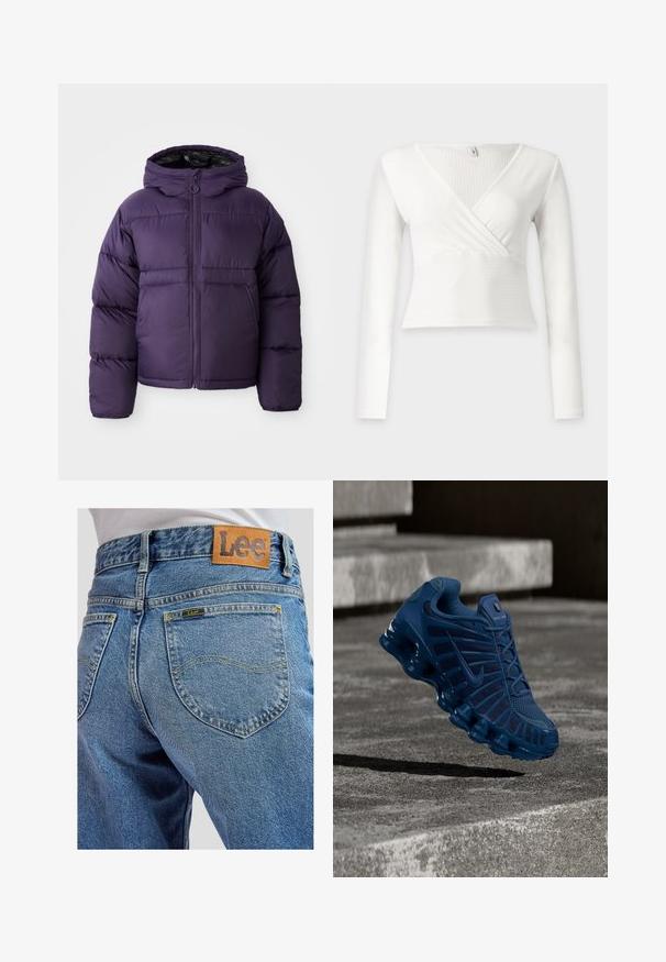 Lila Steppjacke mit Kapuze, ausgestattet mit einem Reißverschluss vorne, elastischen Bündchen und einer eleganten, glatten Oberfläche. Leichtes Design für Wärme.; Weißes, geripptes Wickeloberteil mit langen Ärmeln, V-Ausschnitt und taillierter Passform, vor einfachem, hellem Hintergrund dargestellt.; Blaue Jeans aus Denim mit Gesäßtaschen, die gelbe Nähte und ein braunes Lederpatch der Marke Lee am Bund aufweisen.; Dunkelblauer Nike-Laufschuh mit strukturiertem Mesh-Obermaterial und segmentierter Sohle, der über Betontreppen in einer Außenanlage schwebt.
