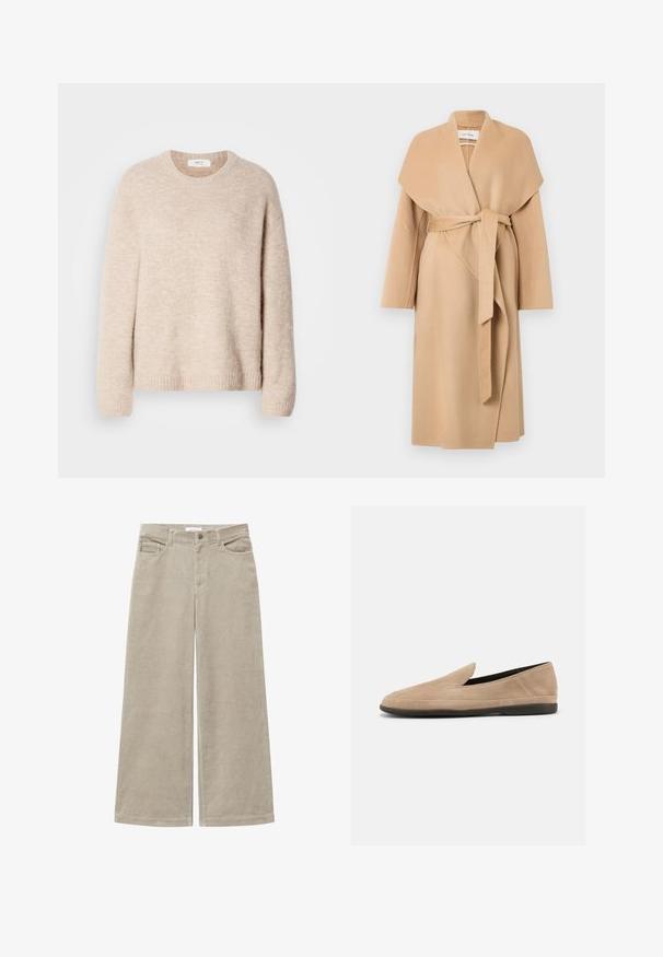 Manteau-wrap en laine couleur camel avec large col et ceinture à nouer, manches longues et ourlet au niveau des genoux, présenté sur un fond blanc.; Pull en maille beige avec col rond, manches longues et ourlet côtelé. Tissu doux et texturé avec une coupe décontractée.; Pantalons larges en velours côtelé beige avec une texture côtelée, comportant cinq poches et une fermeture à bouton à l'avant. Les ourlets sont soigneusement finis.; Mocassin beige en daim à enfiler avec semelle noire, petit talon et bout arrondi, présenté de profil sur fond blanc.