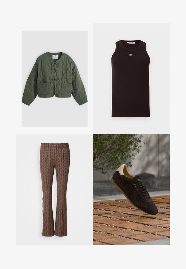 Olivengrøn quiltet jakke med rund halsudskæring, lommesnøre foran, to forlommer og lange ærmer.; Ærmeløs sort ribstrikket tanktop med rund halsudskæring, med et lille grønt Lacoste krokodille-logo på brystet.; Brune mønstrede flared bukser med et struktureret design og sidelange striber. Elastisk talje for komfort.; Mørkebrun sneakers i ruskind med beige hæl og sorte snørebånd, der svæver over et trægulv med grå småsten udendørs.