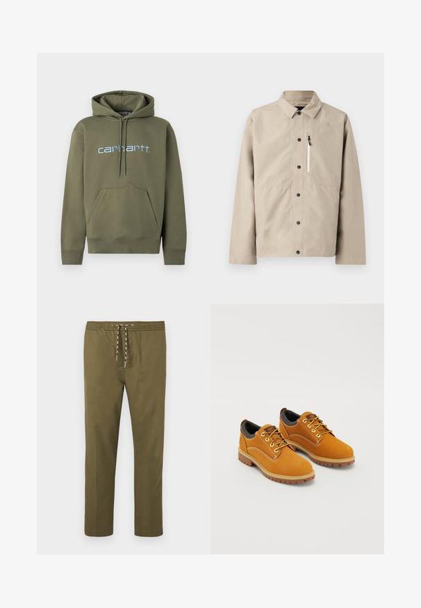 Μπεζ μπουφάν North Face με κουμπιά, γιακά και τσεπάκι με φερμουάρ στο στήθος, σχεδιασμένο για υπαίθρια δραστηριότητα.; Φούτερ με κουκούλα σε ελιά από μείγμα βαμβακιού, με τσέπη καγκουρό, ριμπ τελείωμα και μανσέτες, με το λογότυπο "carhartt" κεντημένο σε ανοιχτό μπλε.; Παντελόνι ελαιοπράσινου χρώματος με ελαστική μέση και ρυθμιζόμενο κορδόνι. Σχεδίαση ίσιου ποδιού; το ύφασμα έχει λεία και μαλακή υφή.; Καφέ σουέτ παπούτσια με στρογγυλή μύτη, κίτρινες κορδόνες, μαξιλαρένιο μαύρο κολάρο και ελαστικές σόλες με αυλακώσεις για πρόσφυση.