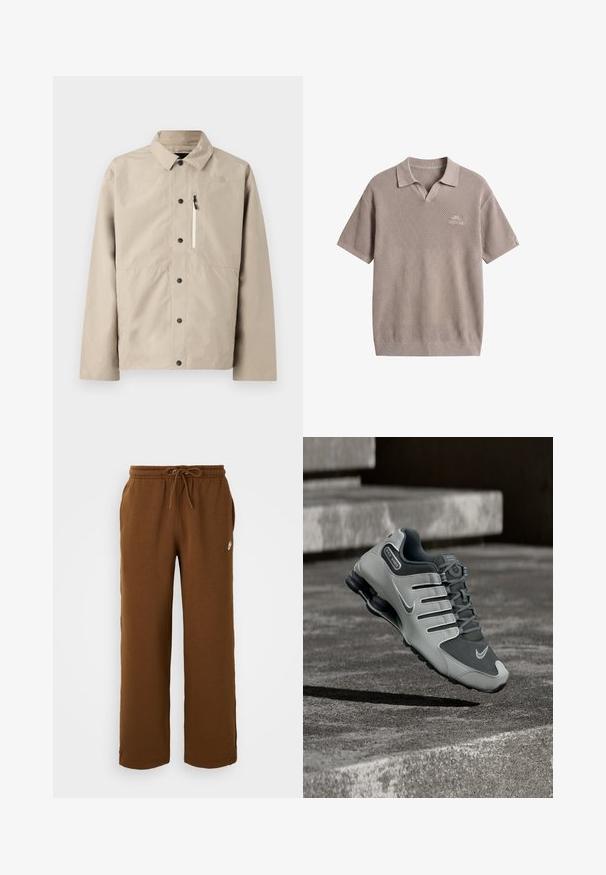Beige North Face napitettava takki, jossa on kaulus ja vetoketjullinen rintatasku, suunniteltu ulkoilua varten.; Beige lyhythihainen neulepikeepaita kuvioidulla pinnalla, kauluksella ja hillityllä kirjotulla logolla vasemmassa rinnassa.; Ruske sweatpants laget av mykt stoff, med elastisk midjebånd og snor, sidelommer, og en hvit logo på venstre side.; Harmaa ja musta Nike Shox -urheilukenkä leijuu teksturoidun betonipinnan yläpuolella varjojen kanssa alla.