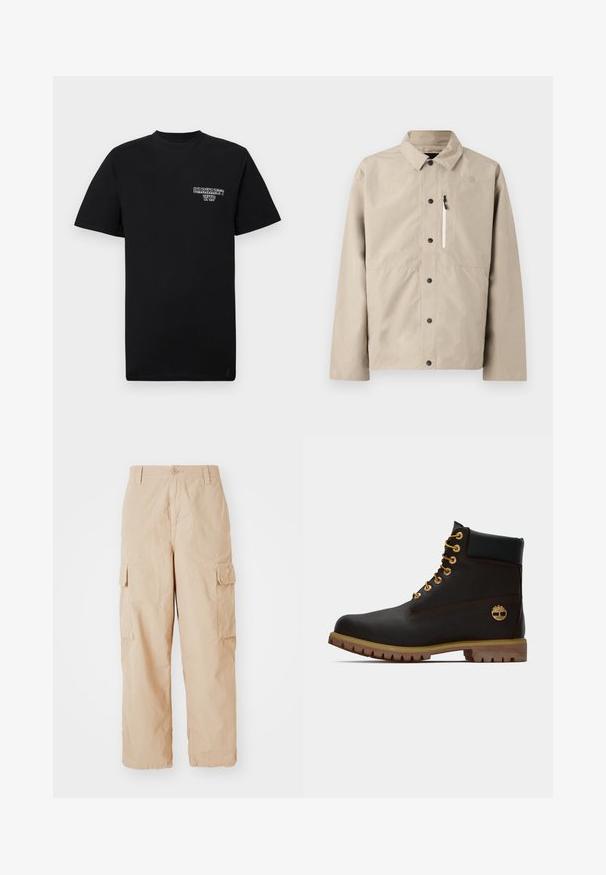 Beige North Face Hemdjacke mit Kragen und Reißverschlusstasche auf der Brust, entworfen für den Outdoor-Einsatz.; Schwarzes Baumwoll-T-Shirt mit kurzen Ärmeln und Rundhalsausschnitt, ausgestattet mit einem weißen Drucklogo auf der linken Brust. Glatte Textur, normale Passform.; Beige Cargo-Hose mit lockerer Passform, aus leichtem Stoff gefertigt, mit zwei seitlichen Cargo-Taschen und einem Knopfverschluss an der Taille.; Schwarze Leder-Ankle-Boots mit goldenen Ösen, braunen Akzenten und einer Gummisohle. Verfügt über einen gepolsterten Schaft und ein geprägtes Logo an der Seite.
