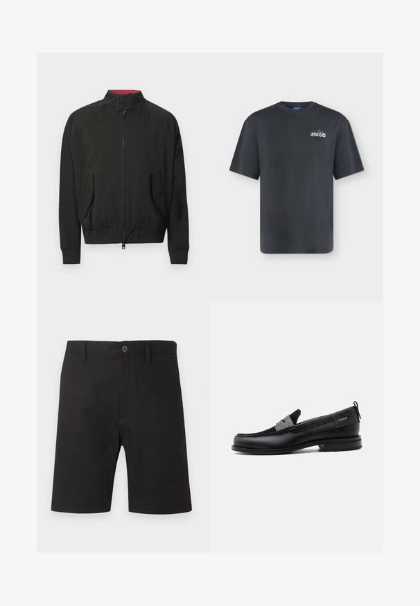 Blouson aviateur noir avec col montant, zipper frontal et deux poches latérales. Comprend des poignets et un ourlet côtelés, avec une couleur intérieure contrastante.; T-shirt noir à manches courtes avec col rond et petit logo blanc "HUGO" sur le côté gauche de la poitrine sur un fond clair uni.; Shorts noirs longueur genou avec bouton et fermeture éclair à l'avant, passants pour ceinture et poches latérales, présentés sur un fond clair uni.; Mocassin en cuir noir avec détail de bride grise, talon bas et semelle texturée, marqué "HUGO" en or sur le côté.