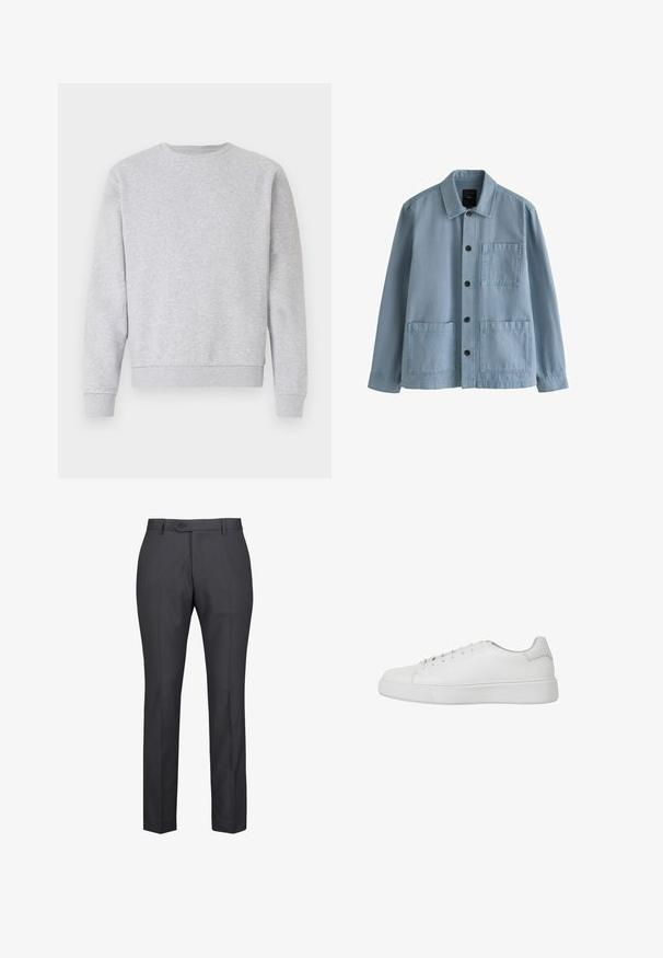 Lyseblå langærmet jakke med knapper foran, tre store forlommer og krave, lavet af letvægtsstof.; Grå sweatshirt lavet af blødt stof, med rund hals, lange ærmer samt ribbemanchetter og -kant. Simpelt design uden logoer eller mønstre.; Mørkegrå bukser lavet af et glat stof. Har en knaplukning, bæltestropper og lige ben for en skræddersyet pasform.; Hvide sneakers lavet af glat læder med afrundet tå, syede detaljer og flad gummisål. Minimalistisk design med snørebånd.