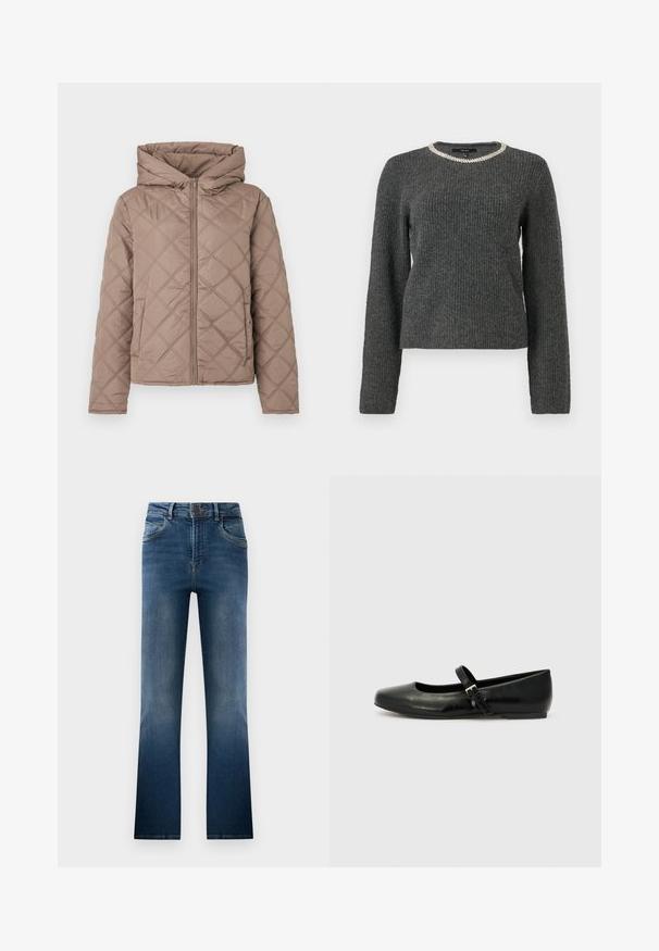 Kviltet hættejakke i lys brun, med frontlynlås, skrå syninger og elastiske manchetter for en tætsiddende pasform.; Mørkegrå ribbet sweater med lange ærmer og rund halsudskæring prydet med en sølvfarvet kædeaccent.; Mørkeblå denim jeans med flare, der har en falmet vask, fem lommer og bæltestropper. Klassisk design med knaplukning foran.; Sorte læder balletflade med rund tå, flad sål og en tynd justerbar rem over svangen med en metalspænde.
