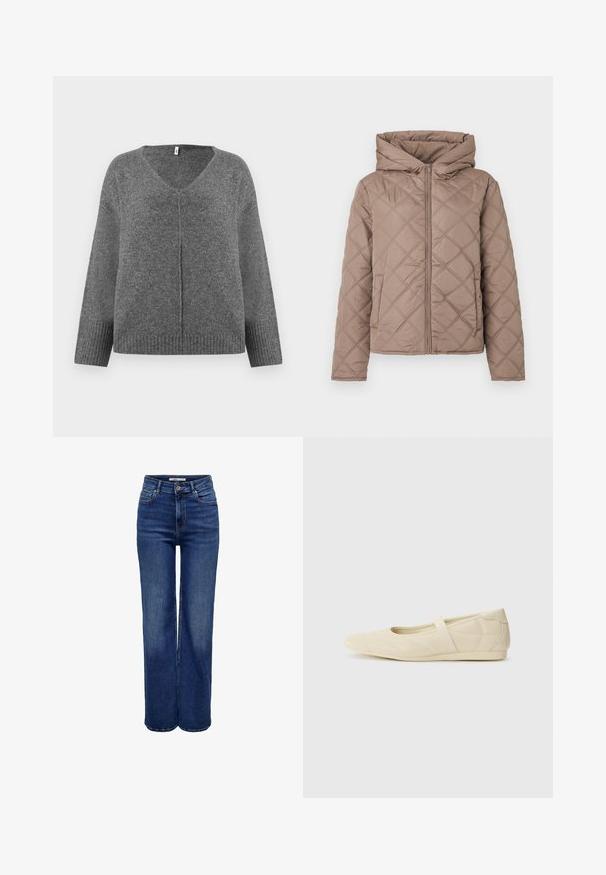 Kviltet hættejakke i lys brun, med frontlynlås, skrå syninger og elastiske manchetter for en tætsiddende pasform.; Grå V-hals sweater med lange ærmer, lavet af blødt materiale. Har ribbet detaljering ved handsker og kant, med en løs og afslappet pasform.; Jeans med høj talje og vide ben i mørkeblå denim, med knaplukning, fem lommer og kontrastsyninger.; Lysebrune ballet flats med en glat læderoverflade, mandelformet tå og elastisk rem over vristen, med diskrete syninger.