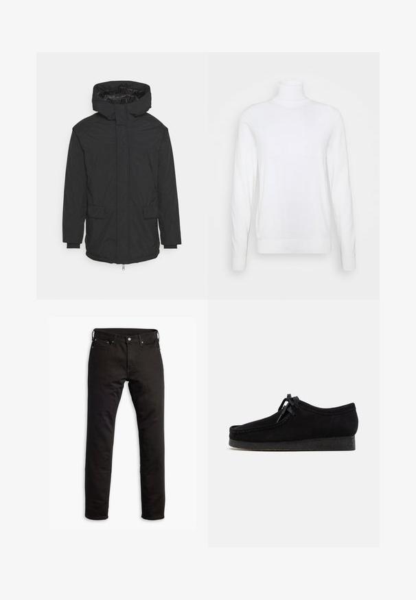 Schwarze Kapuzenjacke aus wasserabweisendem Material. Verfügt über einen Frontreißverschluss, zwei Fronttaschen und elastische Bündchen für eine bequeme Passform.; Weißer Rollkragenpullover mit langen Ärmeln, aus glattem Stoff gefertigt. Verfügt über eine taillierte Passform sowie gerippte Bündchen und Saum. Keine Muster oder Akzente.; Schwarze Denim-Jeans mit geradem Bein, Fronttaschen und Knopfverschluss. Der Stoff hat eine glatte Textur und minimale Details.; Schwarze Wildlederschuhe mit rundem Zehendesign, einer Schnürfront und einer strukturierten schwarzen Gummisohle. Glattes Obermaterial mit dezenten Nahtdetails.