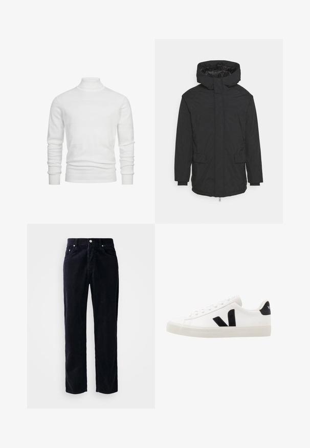 Chaqueta negra con capucha hecha de tejido resistente al agua. Cuenta con una cremallera frontal, dos bolsillos en la parte delantera y puños elásticos para un ajuste ceñido.; Suéter blanco de cuello alto con franjas horizontales texturizadas, puños y dobladillo acanalados. El tejido de punto ofrece una apariencia suave y acogedora.; Pantalones de pana azul marino con corte recto, cinco bolsillos y cierre de botón. Presentan una textura de canalé vertical y acentos de metal.; Zapatilla de cuero blanca con acentos de ante negro; presenta una suela de goma, puntera redonda y un diseño clásico de cordones. Logo lateral en negro.