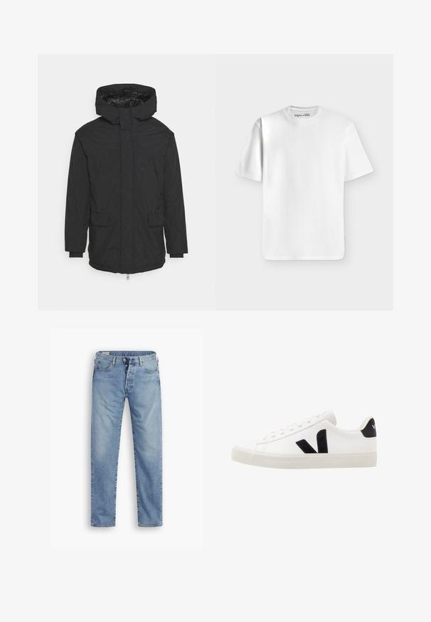 Zwarte hoodiejack gemaakt van waterafstotende stof. Voorzien van een voorkant rits, twee voorkantzakken en elastische manchetten voor een snug fit.; Effen wit T-shirt met korte mouwen en een ronde hals, plat liggend op een lichtgrijze achtergrond met een klein merkje aan de binnenkant van de halslijn.; Lichtblauwe spijkerbroek met een rechte snit. Beschikt over een knopenfly, vijf zakken en een licht vervaagde textuur.; Witte leren sneaker met zwarte suède accenten; voorzien van een rubberen zool, ronde neus en een klassieke vetersluiting. Zijkant met logo in het zwart.