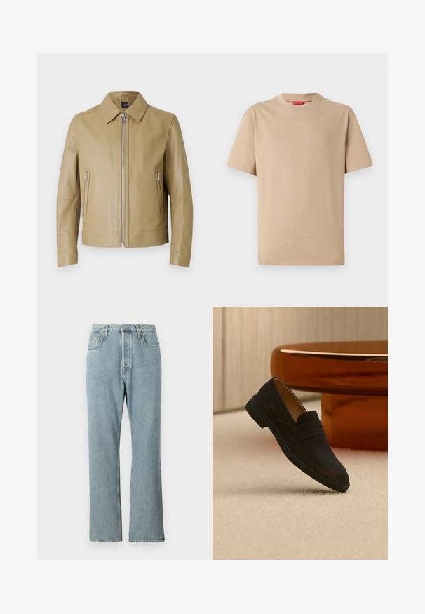 Tanleren jas met een kraaghals, ritssluiting aan de voorkant en twee ritssluitingen aan de zijkanten. Glad oppervlak en nauwsluitende pasvorm.; Beige katoenen T-shirt met korte mouwen, ronde hals en subtiele "HUGO"-logo in het midden. Glad textuur, ontspannen pasvorm.; Lichtblauwe denim jeans met een hoge taille, brede rechte pijpen en eenvoudige stiksels. Heeft vijf zakken en een klassieke knoopsluiting.; Donkerbruine suède loaferschoen met zwarte zool zweeft boven beige tapijt, oranje glazen tafel in zachte, met hout betimmerde kamer op de achtergrond.